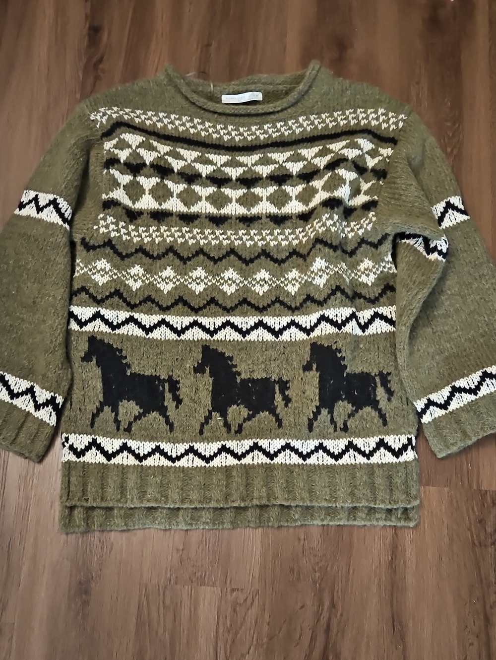 Altar'd State Olive Green Fair Isle Horse Crewneck Sweater M